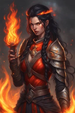 female Paladin Druid in a powerful stance, her hair a mesmerizing blend of long, bright black locks, with half elegantly braided and the other half flowing freely, all ablaze with ethereal fire. The noticeable red glow of her eyes, reminiscent of burning embers, reflects the intensity of her magical connection, as if the fire within extends to her very gaze. Adorned in light armor, she extends her hands, conjuring vibrant flames that seem to harmonize with her fiery hair. Her scarred face tells