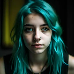 A portrait of a 16 years old girl. She has got turquoise hair and black eyes.