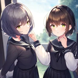 Clear focus, High resolution, fluffy black short hair, dark green eyes, wearing a black sailor uniform and pleated black skirt, fluffy hair, detailed outfit