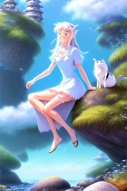 Female sea elf sitting on a rock with her animal friends, highly detailed, art by studio ghibli, laughing, picnic, nature, Grove, oasis