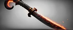 a long sword, whose blade made out of lava, glowing bright. it's guard has curled goat horns as decoration, and there is a curled chain affixed to the pommel.