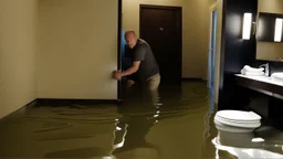 man floods bathroom in hotel room