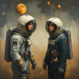 'Cause you and I will be like a couple of cosmonauts Except with way more gravity than when we started off" minimalisric surreal space composition Modifiers: oil on canvas surreal Mixed Media mysterious Impressionism heavy brushstrokes Jamie Heiden Gayane Khachaturian arbitrary colour alteration dmt puff mild exorcism Squeak Carnwath Bif Inc.™
