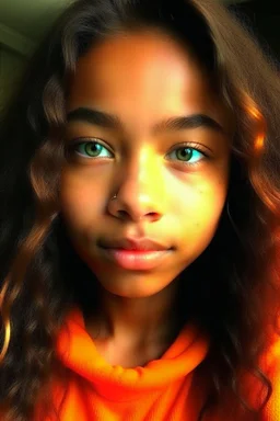 Light skin teen with straightened hair that is reddish orange dark green eyes