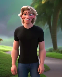 A slim and high guy with wild curly blond hair, smiling with teeth and wearing black skinny jeans and a t-shirt