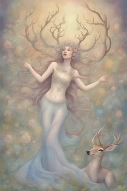 [laughing sexy faerie with a deer] As psychedelic Fiona, I feel myself drifting soft through billowing blooms of visual aid and aural ether. My slender form shimmers in gossamer raiment woven from sunshine, moonglow, and forest spirit; petal-soft hooves leave nary a print upon the stars I seem to walk. Beside me strides my Deery in dignity, his noble visage crowned with antlered emerald and bronze. Around us the glade pulses with bioluminescent being; the night is alive with pulse and song.