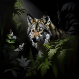 wolf portrait, ferns, butterflies, oilpainting, cinematic lighting
