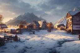 highly detailed small village scene in skelig harbor, sunrise, illustration, background snowy mountains, cinematic lighting, 4k, 8k, octane render, digital concept art, trending on artstation, pinterest, extremely detailed, ambient lighting.