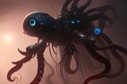 Black Squid, Million Tentacles With Extremely Detailed Black Metallic Armor, Beam Of Light Coming Out Of His Eyes, Fantasy Art Painting, Perspective, High Definition, Enhanced, Ultracrisp, Unreal Engine, Trending On Artstation, Vibrant