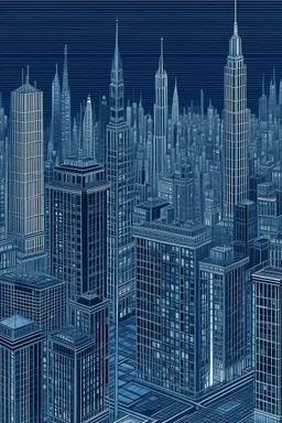 Very Fine lines draw of a dream city , nyc building , dark blue all no windows 3D