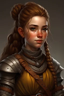 a realistic female dnd halfling with brown hair in braids and heavy armor. beautiful and freckles