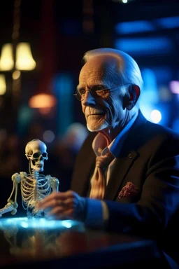 portrait of flashy transparent old man scientist in casino parlor showing of his glowing skeleton, zeiss prime lens, bokeh like f/0.8, tilt-shift lens 8k, high detail, smooth render, down-light, unreal engine, prize winning