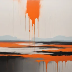 Melancholy Minimal abstract flat landscape painting. Rough brushstrokes and dripping paint. A single orange colour highlight with complimentary background colours. Use rule of thirds. Place the Horizon line at the top. Style of Justin Mortimer.Abstract empty landscape painting. Dripping paint. Rough. Minimal. Style of Justin Mortimer.