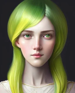 beautiful feminine face! portrait of young woman blessed by god with ever - increasing physical and mental perfection, yellow to green hair, symmetrical! intricate, elegant, highly detailed, vision of holy perfection!! smile, digital painting, artstation, concept art, smooth, sharp focus, illustration, art by artgerm and greg rutkowski and alphonse mucha