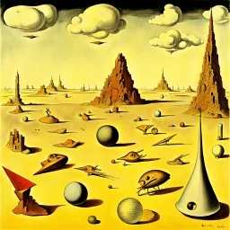 Strange objects of various shapes, scattered over a place, clouds, Max Ernst, Audubon, Amano, Walton Ford, Yves Tanguy