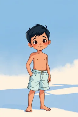 an illustration of a child wearing a short in the style of light sky-blue and dark black, bold colorism, dark cyan and beige, beach portraits, exotic, disney animation, princesscore --ar 8:11 --style raw --stylize 250 --niji 6