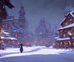 A magical town square with river canals for warlocks and witches in snowy Christmas