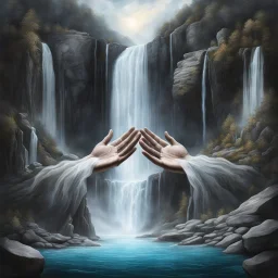 Surreal design of two rock open hands in which cascades a breathtaking waterfall, surreal, profound, dramatic, sophisticated, classic surrealist painting, concept art