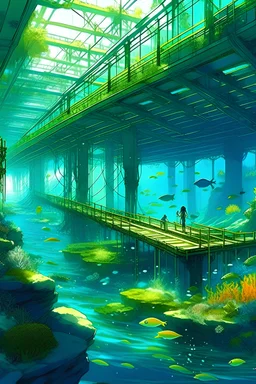 style anime manga Underwater on a bright summers day latitude 350 south calm clear water ambient light bright mid-green looking along the length of a large pier from underneath. In the background a beautiful Norwegian mermaid swims gracefully between the pylons richly covered with brightly coloured sponges, kelp, algae seahorses fish octopus stingray