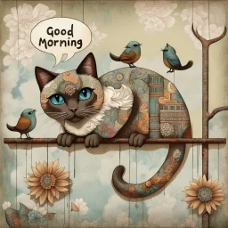 Siamese cat with blue eyes, adorned with intricate patterns and stylized buildings paints, hangs precariously from a floral-patterned board, against a mottled gray-green background. It looks directly at the viewer while a speech bubble above its head states "Good Morning". Three stylized birds in various colors and patterns stand on the branch and board above and below the cat, whimsical, expressionist painting, diswashed, Aging effects, Ogata Kōrin style.