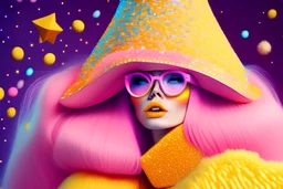 60s era fashion model wearing color pencil shavings, space inspired, stars, pop colors, pencils, big colorful glasses, big fuzzy hat, paper dress, full body fashion, long pink hair, hyperrealistic, 4k, big yellow eyes, v4