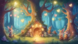 fantasy cartoon style illustration: Once upon a time, in the heart of the Enchanted Forest, there was a magical event that all the woodland creatures looked forward to—the Forest Carnival. The trees were adorned with twinkling fairy lights, and the air was filled with laughter and excitement.