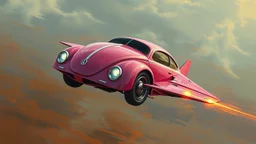 a high definition screen shot of a jet-fighter vw-beetle, retrofuturistic, phototrealism, in flight, one subject, thunderstormncc 1701 enterprise Macabre Rapture End of days Revelation scene, loose brush stroke matte oil painting, sinner apotheosis,diagonal composition, unbalanced, abstract surreal horror, eerie, scary warm colors, Eldritch, by Colin McCahon Upscale @JonKnockTurnal A photorealistic futuristic pink cadillac 2999 ufo, bilaterally