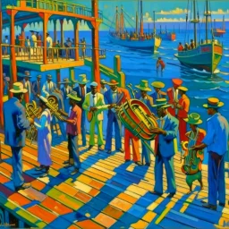 Vivid color oil painting of a brass band standing on the pier in front of a small fishing harbor, orchestra, jazz club 1 9 3 0 seconds, band playing instruments, musician, musicians, band, musicians playing instruments, the last orchestra, conductor, by Aaron Douglas , Jazz Quintet, by Carey Morris, band player, concert, by Baron Storey, entertainer, by Jasper Knudsen, silhouettes