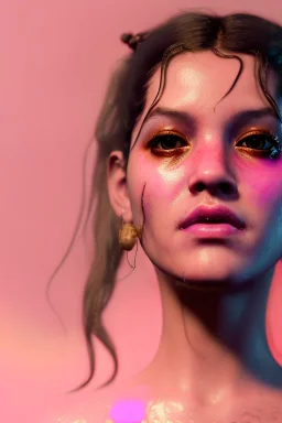 Realistic image, Rosalía artist, portrait, waist up portrait, pink black eye line, sweet, gold and pink geisha style, glow make up, led lights, fog, rain, latex, vibrant color, highly detailed, art stations, concept art, smooth, unreal engine 5, god rays, ray tracing, RTX, lumen lighting, ultra detail, volumetric lighting, 3d, finely drawn, high definition, high resolution.