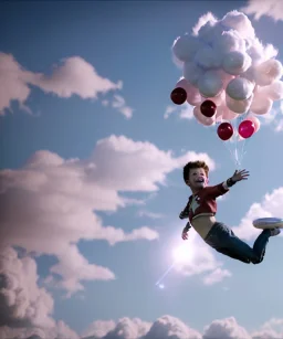 Ultra realistic clouds sky scene, medium shot view, portrait, sweet Childs, free jumping flying, trinkets, monster hair, jelly beans, balls, smile, happy, Peter Pan style, inflatable color clothing, extreme, wind, clouds sea, 20,000 feet altitude, stratosphere, soft color, highly detailed, unreal engine 5, ray tracing, RTX, lumen lighting, ultra detail, volumetric lighting, 3d, finely drawn, high definition, high resolution.