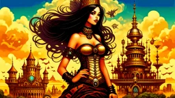 exotic sci-fi steampunk pin-up girl, with long dark hair, on an alien planet with cloud trees, tall spires, buildings, arches and bridges