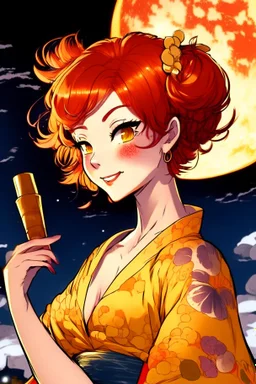 (Asian), short hair, fiery red hair hair, normal hands yukata, yellow clothes, 8k, best quality, winking, very dark night time, lighting from moon yellow moon, perfect, masterpiece, anime style, cartoon style,