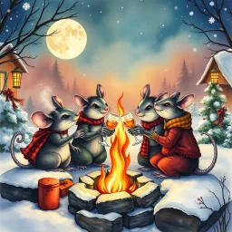 group of anthropomorphic mice, clinking their glasses by a cozy fire, in a cheerful outdoor snowy scene, surrounded by winter Christmas decorations. Warm colors, starlit dramatic sky, full moon, beautiful pastel-color fog in the background, falling snowflakes. Inspired by "The Nightmare Before Christmas". watercolor and ink painting, Intricate details, Complex contrast, soft Cinematic Volumetric lighting, perfectly composed masterpiece