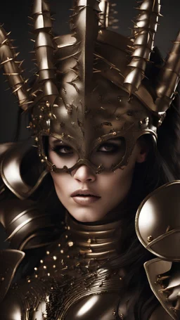 Stunning beautiful brunette girl with curvy muscular body big tits and deep beautiful makeup wearing golden spiked steel armor and spiked helm made of human skull