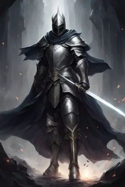 holy knight paladin in dark silver armor and masked helmet and a cape wielding a sword in abyss