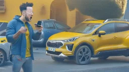 guy arguing on cellphone next to his kia sportage as a lemon