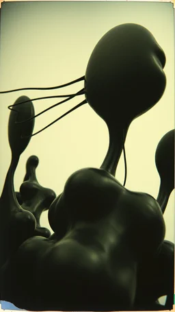 Photography polaroid close-up of several shapes, elongated lines and object, massive odd Yves Tanguy incomprehensible style, Surrealism. On the left, there are other lower shapes, similar to trolps or mutanism, randomly arranged, glossy, organic, creepy tumor mass growing, strong texture, fiotti di liquido nero, horror, panic, obsessive, hypnotic