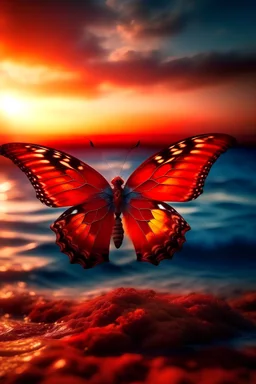 red flaming butterfly over sea