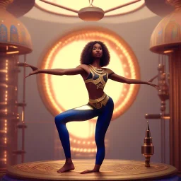 upper body of beautifull dark skinned ,egypt, yoga flame, delicate hands , one legged stretching artist with long hair in a yurt in the air, maze background , levitated lab equipment, 4k, Highly Detailed, Masterpiece, perfect eyes, Digital Illustration, Cinematic Lighting, Realistic, Sharp Focus, Centered, Beautifully Lit, Bioluminescent by Stanley Artgerm Lau