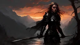 A formidable warrior girl in black armor, on the background Amazing gloomy landscape, flooded with sunset, mountains, trees, fabulous scary hero, , juicy emotions, painting, dark fantasy, gloomy day, dark world, portrait, by Alyssa Monks & Raymond Swanland & James Paick & Anna Razumovskaya