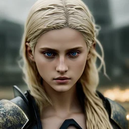 Prhotorealistic close-up of a beautiful blonde warrior with dystopian clothes and background