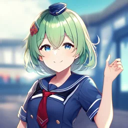 Clear focus, High resolution, short light green hair, blue eyes, wearing a sailor uniform, red tie, wearing a sailor skirt, eyes closed, smiling, 1girl, spiky hair, not alot of hair on the side of her head