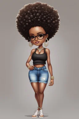 Create a magna chibi image of a black female with shoulder length tightly curl afro, black silky and brown eyes. Long eye lashes wearing a torn jeans and tank top with diamond studded "pretty" on the front, sandals , plus size body style. Diamond studded glasses and hoop earrings forward facing, 2k, white background