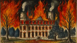 A dark brownish scarlet castle with flaming swords designed in medieval tapestry painted by Maurice Utrillo