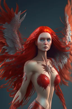 Full body shoot of stunning beauty woman royal phoenix woman with long red hair fluttering in the wind and scaly wings, minimal clothing, extremely muscular, dynamic pose, perfect detailed face, detailed symmetric hazel eyes with circular iris, realistic, stunning realistic photograph, 3d render, octane render, intricately detailed, cinematic, trending on artstation, Isometric, Centered hipereallistic cover photo, awesome full color, hand drawn, dark, gritty, mucha, klimt, erte 12k, high defin