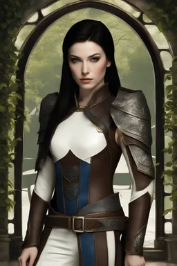 pale skin, Realistic photography, realism, female half elf, beautiful, young, dark hair, long and subtle stylish layer straight hair style, front view, intricate white leather armor with blue streaks, dark aristocrat pants, standing, blue detailed plating, detailed part, brown dark eyes, green garden background behind window, dawn, full body shot, looking at viewer