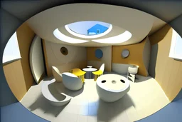 interior de un plano circular 3d con un baño adaptado para minisvalidos una sala unificada de reuniones y charlas y otra sal de exposicion