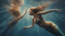 Mermaid dancing underwater, double exposure, highlights, sparkles, clear lines, detail, fine rendering, high resolution, 64K, photorealism, precise focus, photorealism, digital painting,