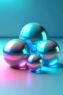 3d subtle pastel transparent iridescent and holographic geometric 5 spheres made of frozen glass levitating in the space