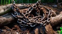 Backyard chain attached to a thick log of feces